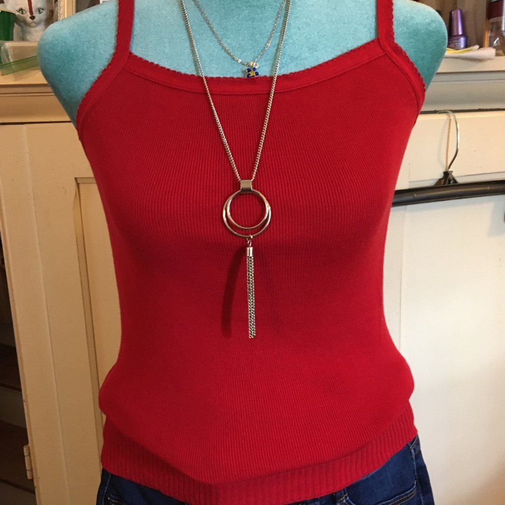 Vintage 90’s/Y2K Red, Stretch, Thin Cotton Cami knitted embellishment Small
